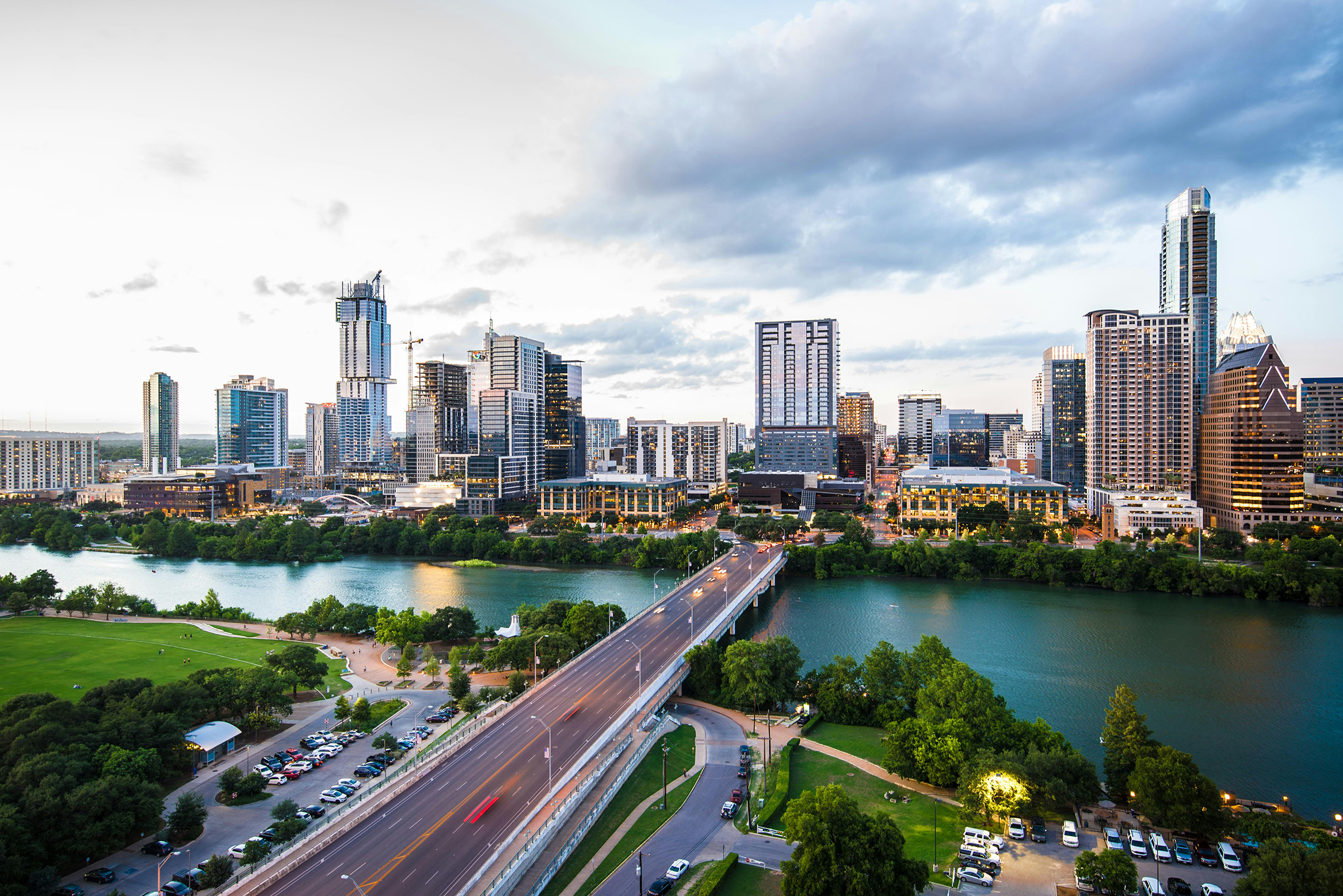 Austin skyline across the river at dusk
