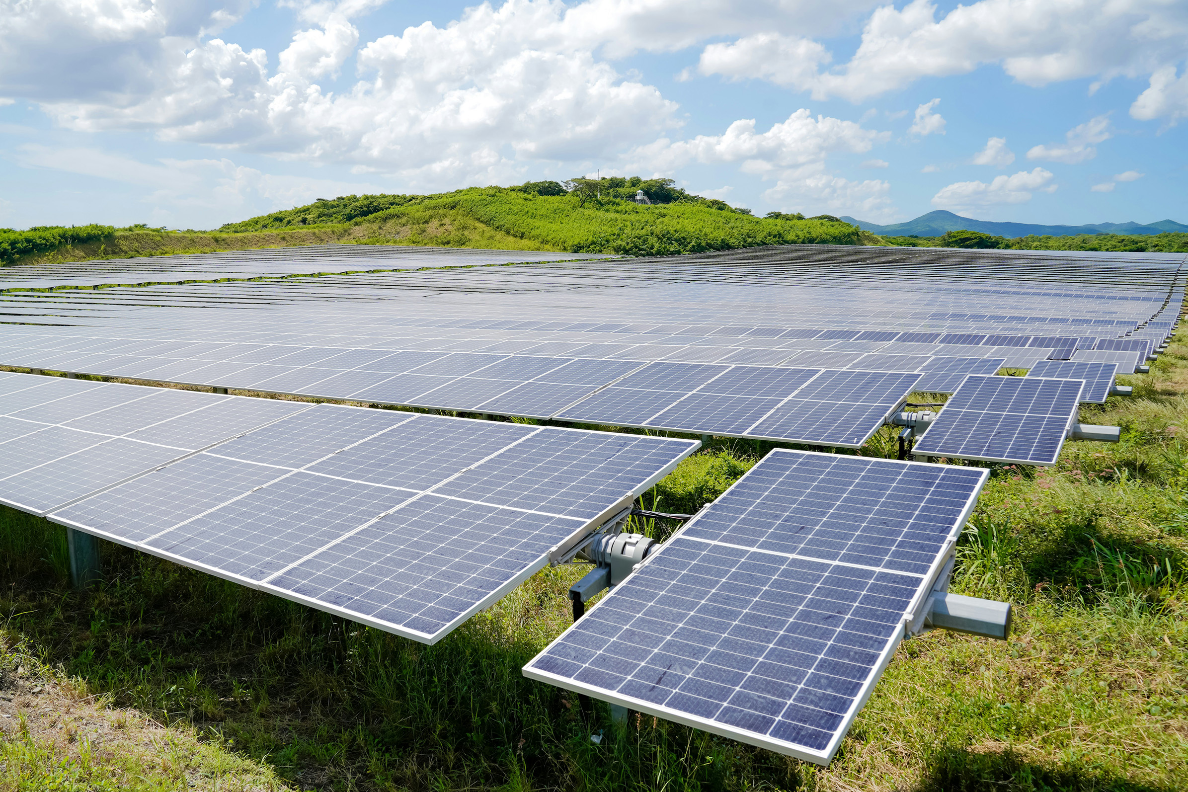 Rows of ground-mounted solar panels in a green landscape